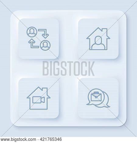 Set Line Project Team Base, Online Working, Video Camera Off Home And . White Square Button. Vector