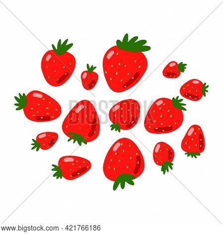 Cartoon Ripe Strawberry Set. Red Berries With Leaves Isolated On White Background. Hand-drawn Fruits