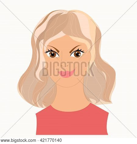 A Girl With Blond Hair And Brown Eyes With The Emotion Of Gloating And Anger. Isolated Element On Wh