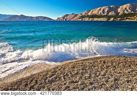 Baska. Idyllic Pebble Beach With High Waves In Town Of Baska, Island Of Krk In Kvarner Bay Of Croati