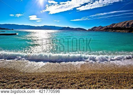 Baska. Idyllic Pebble Beach In Town Of Baska View, Island Of Krk In Kvarner Bay Of Croatia