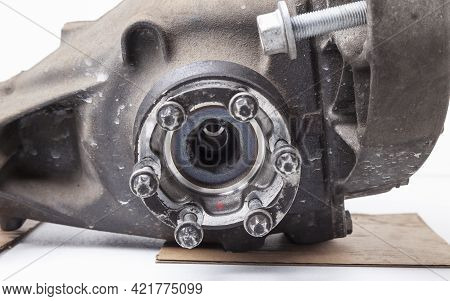 Gear Reducer Isolated On White. Gear Wheels Speed Reducer Cross Section. Auto Service Industry. Spar