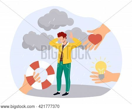 Human Helping Hand With Love, Support And Therapy Make Man To Get Rid Of Depression. Flat Abstract M