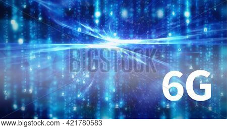 Composition of 6g in white text over glowing blue lights on dark blue background. global communication technology digital interface concept, digitally generated image.