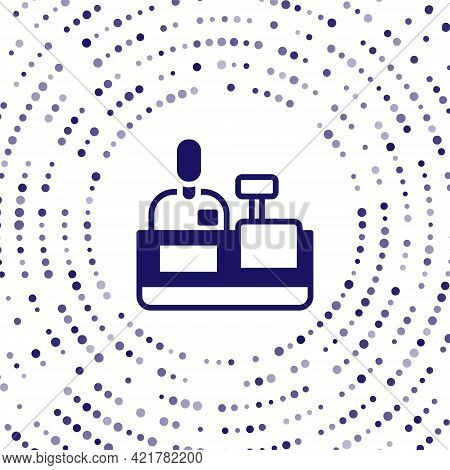 Blue Cashier At Cash Register Supermarket Icon Isolated On White Background. Shop Assistant, Cashier