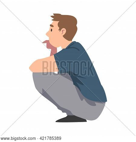 Young Man Squatting, Guy Sitting In Crouch Cartoon Vector Illustration