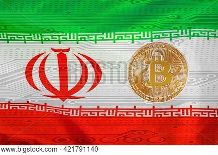 Mining In Iran. Bitcoins On The Background Of The Iran Flag. Concept For Investors In Cryptocurrency
