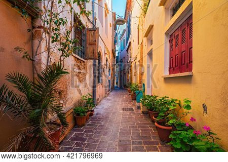 Scenic picturesque streets of Chania venetian town with coloful old houses. Chania greek village in the morning. Chanica, Crete island, Greece