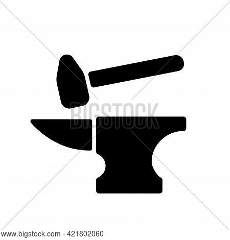 Blacksmith Vector Icon. Anvil And Hammer For Forge. Craftmanship Of The Blacksmith In Black Metal An