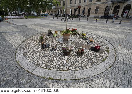 Nova Gorica, Slovenia. May 21, 2021.  The Plate Indicating The State Border Between Italy And Sloven