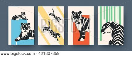 Set Of Contemporary Art Posters With Big Tiger. Vector Illustration. .collection Of African Feline P