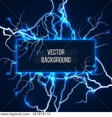 Vector Banner With Lightnings And Discharge Current. Electricit, Voltage Storm, Weather Nature Illus