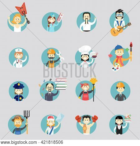Badges With Avatars Of Different Professions With Musicians  Martial Arts  Doctor  Construction Work