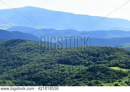 Romania Transcarpatia Countryside Landscape. Mountains Or Hills Panoramic View.