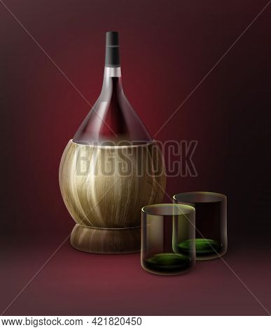 Vector Fiasco Bottles Of Wine And Two Glassfuls Isolated On Dark Red Background