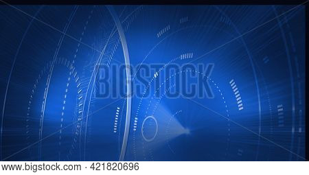 Composition of glowing blue light beams and circular scope over dark background. global information communication technology, energy and digital interface concept, digitally generated image.