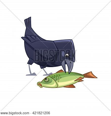 Cartoon Crow Eats Fish. Raven Bird Character. Vector Illustration Isolated On White Background