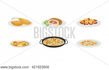Spanish Cuisine With Rolled Forcemeat And Rice With Seafood Served On Plates Vector Set