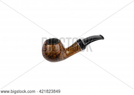 Briar Smoking Pipe On A White Background. Wooden Smoking Accessory With A Bent Shape.