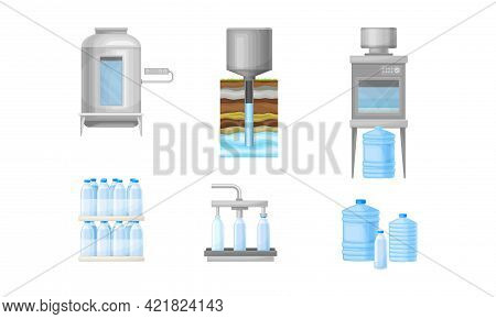 Drinking Water Production And Purification With Extraction, Treatment And Bottling Vector Illustrati