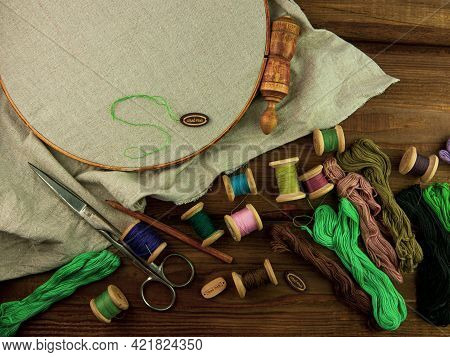 Embroidery Needlework Background Linen In Hoop Mockup. Colorful Floss Thread Scissors Card Tag. Hand