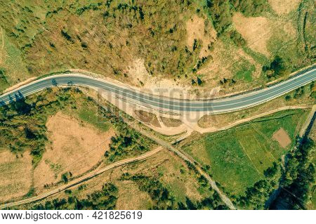 Aerial View Of The Mountain Highway In Spring. Beautiful Skyview Landscape. Carpathian Mountains. Uk