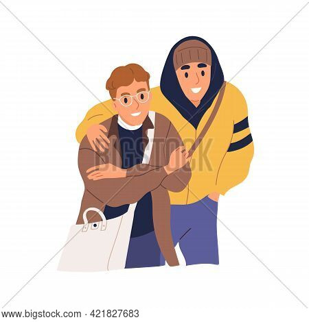 Two Different Happy Smiling Men Hugging. Nerd And Bully Becoming Friends. Brothers Reunion. Portrait