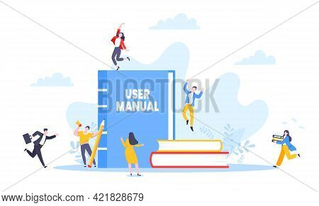 User Manual Guide Book Flat Style Design Vector Illustration. Tiny People And Guidance Manual Instru