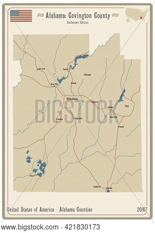 Map On An Old Playing Card Of Covington County In Alabama, Usa.