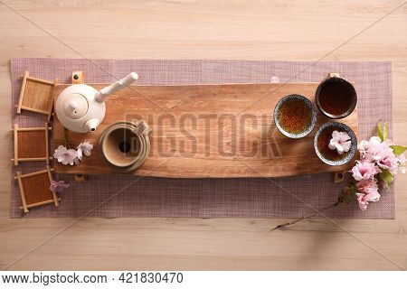 Beautiful Set For Traditional Tea Ceremony On Wooden Table, Flat Lay