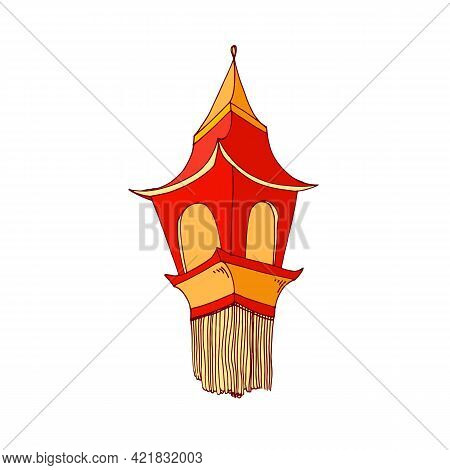 Pointed Chinese Paper Lantern With Fringe In Red And Gold Colors. Hanging Street Lamp With Candle In