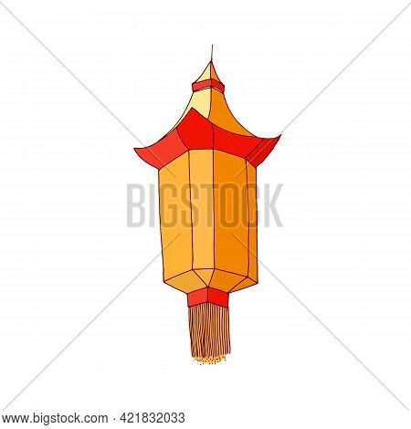 Street Paper Lantern With Fringe. Chinese Hanging Lamp With Candle Inside. Asian Festival Religious 