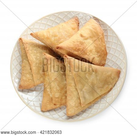 Fresh Delicious Crispy Samosas On White Background, Top View