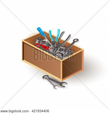 Cartoon Equipment To Repair House Furniture, Fix Auto Vehicle, Carpentry Works. Vector Wrench, Screw