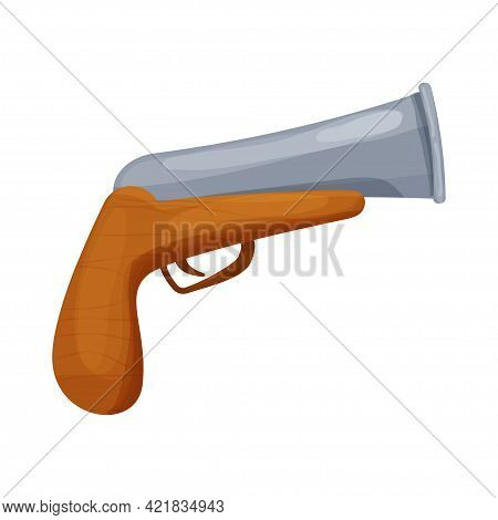 Antique Comic Pistol, Pirate Gun, Retro Weapon In Cartoon Style Isolated On White Background. Wooden