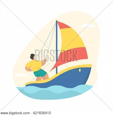 Man Is Sailing. Active Yachting With Adrenaline Racing Water. Male Character Yacht Straightens Sail 