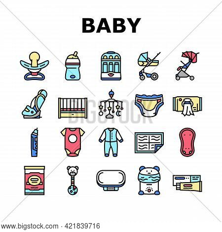 Baby Shop Selling Tool Collection Icons Set Vector. Baby Diaper And Sterilizer Bottles Device, Newbo