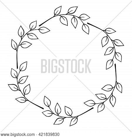 Round Frame Of Twigs With Leaves. Hand Drawn Laurel Wreath Doodle Black Outline. Design Element For 