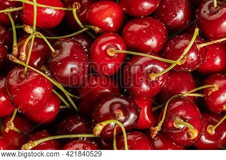Ripe, Red, Fresh Cherry Berries With Water Drops, Close-up, Delicious Background