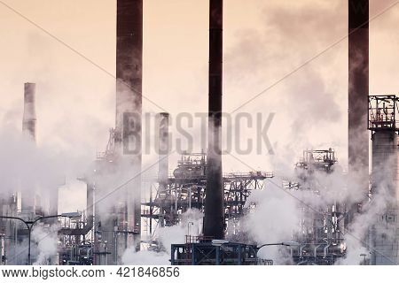 Smoke Emitting In Industry, Outdoor View Of Oil Factory
