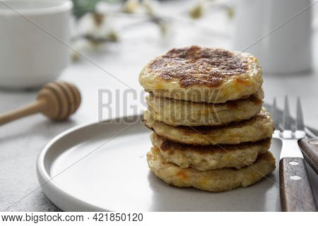 Stack Of Cheese Flapjacks. Rounf Pancakes Made From Cotage Cheese