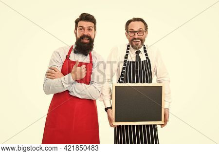 Partners Celebrate Start Up. Menu Planning. Happy Chef Team In Apron. Bearded Men With Blackboard, C