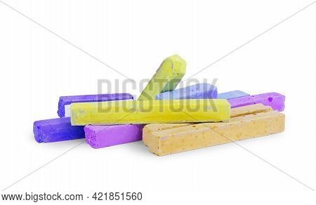 Colored Chalks Isolated On White Background Closeup, Drawing, Green, Arranged, Creativity, Childhood