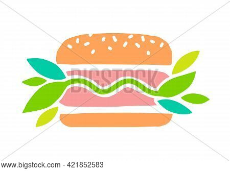 Meat Vegan Vector Icon. Plant Based Hamburger. Green Leaves Instead Of Meat Cutlet. Vegan Product Ma