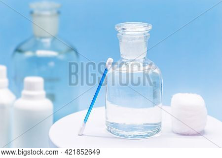 Reagent Bottle With Glass Stopper, With Hydrogen Peroxide Inside. Chemical Element H2 O2 In Laborato