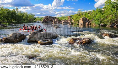 Pacuare River, Costa Rica -may  15 2021: Rafting Team , Summer Extreme Water Sport. Group Of People 