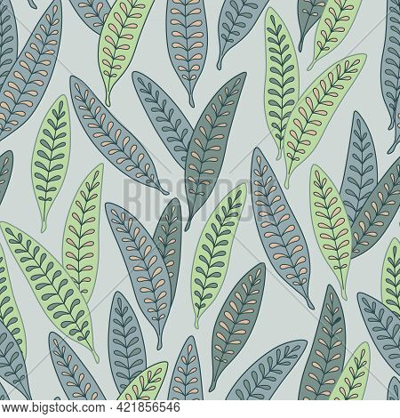 Vector Vintage Doodle Leaves Seamless Pattern Background. Hand Drawn Repeat Textures In Green Gray C