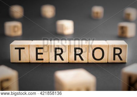 Terror - Word From Wooden Blocks With Letters, Terror Horror, Consternation, Nightmare, Atrocity, Co