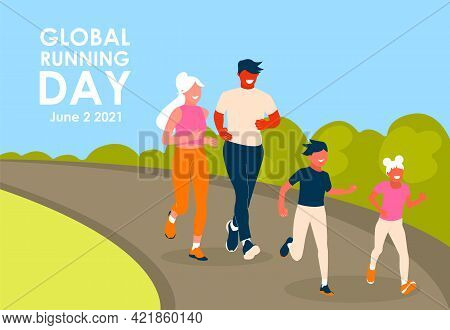 Global Running Day. Happy Family Running In The Park. Father, Mother, Son And Daughter Leads An Acti