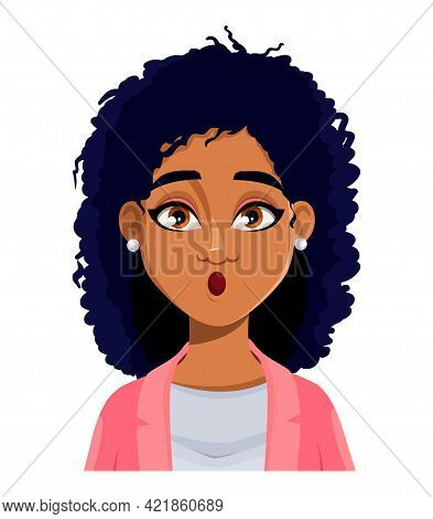 Face Expression Of Beautiful African American Woman, Surprised. Female Emotion. Cute Cartoon Charact